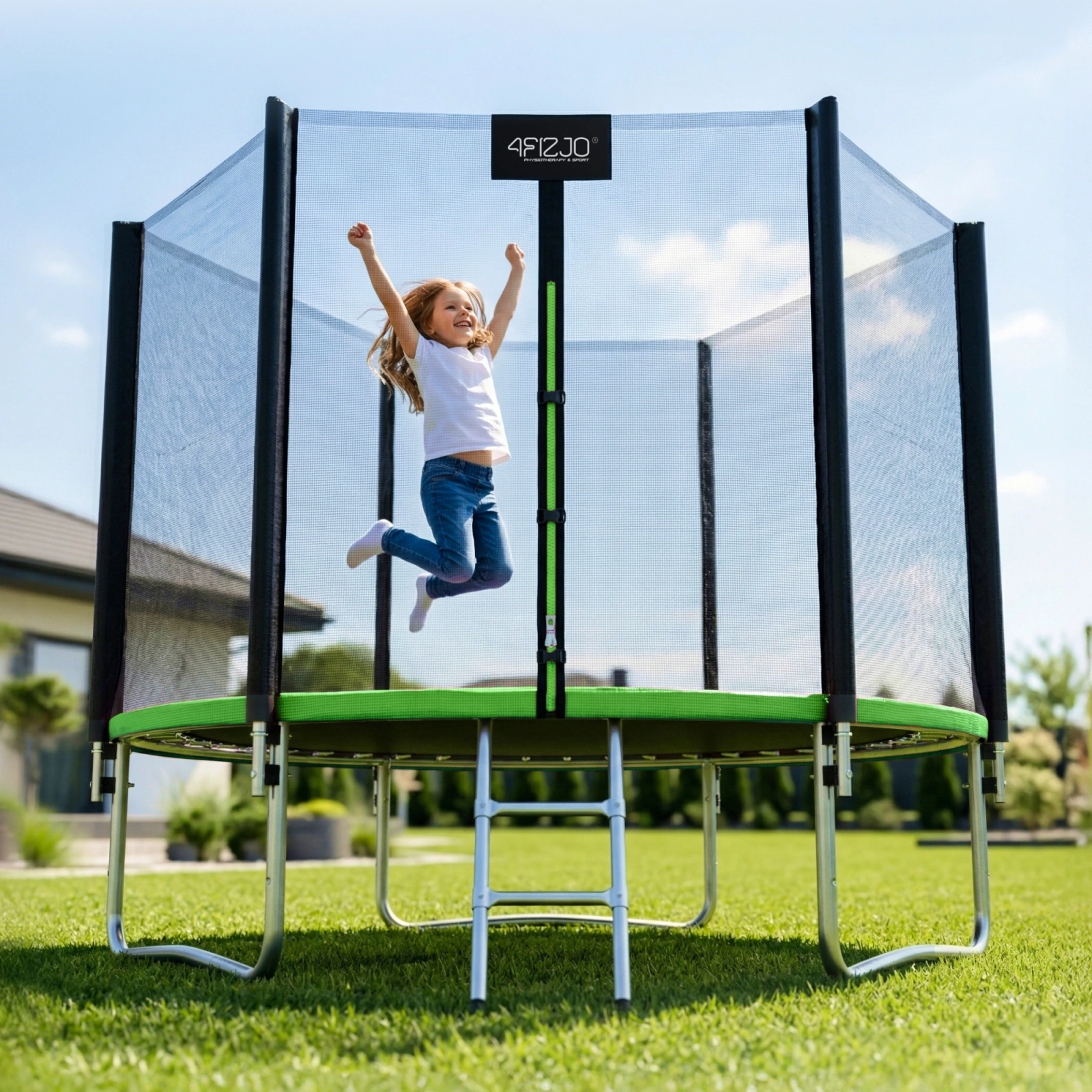 4Fizjo CLASSIC 252 cm (8FT) Garden Trampoline with Safety Net and Ladder, Green/Black