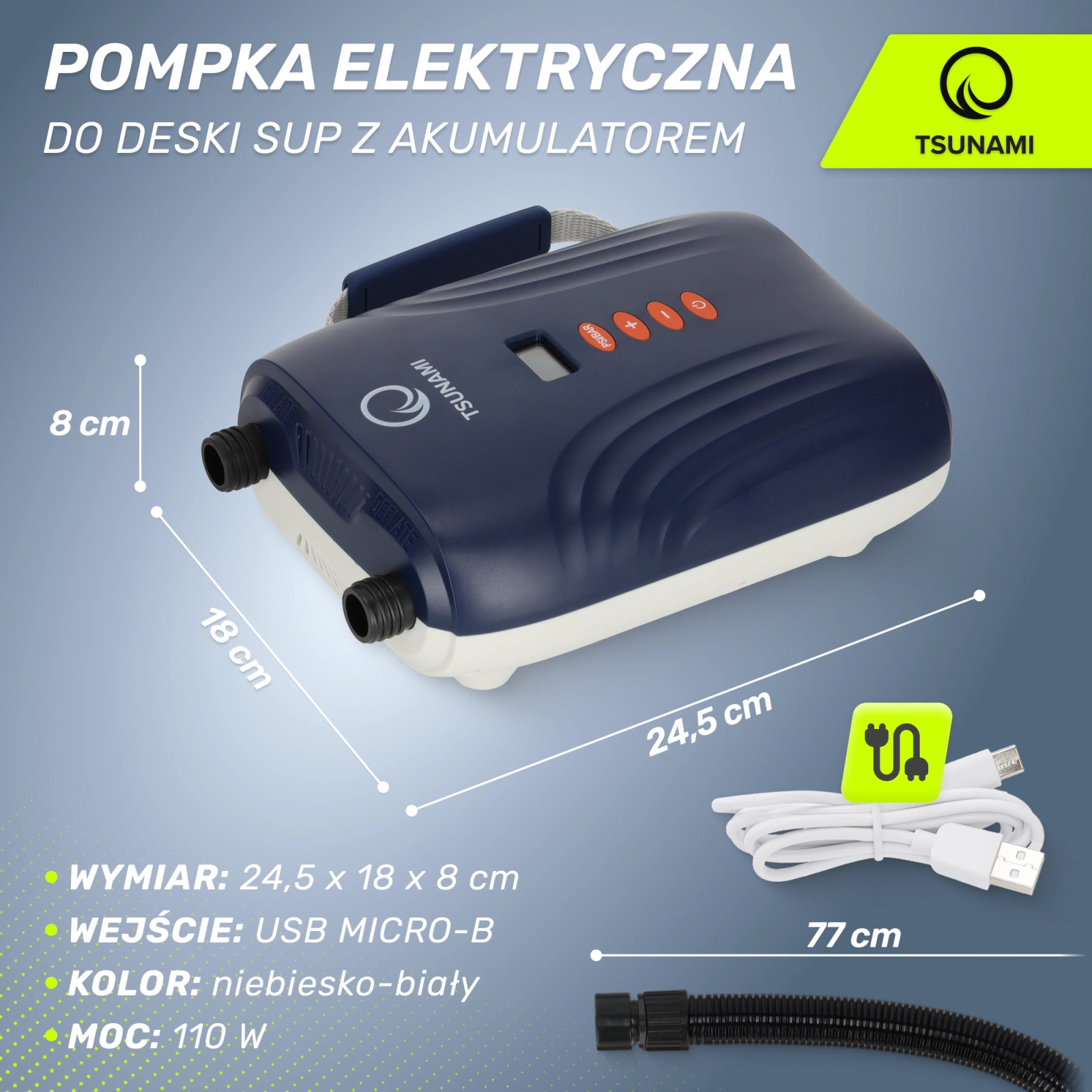 Электрический насос для SUP-досок 4Fizjo TSUNAMI 20 PSI с аккумулятором,...