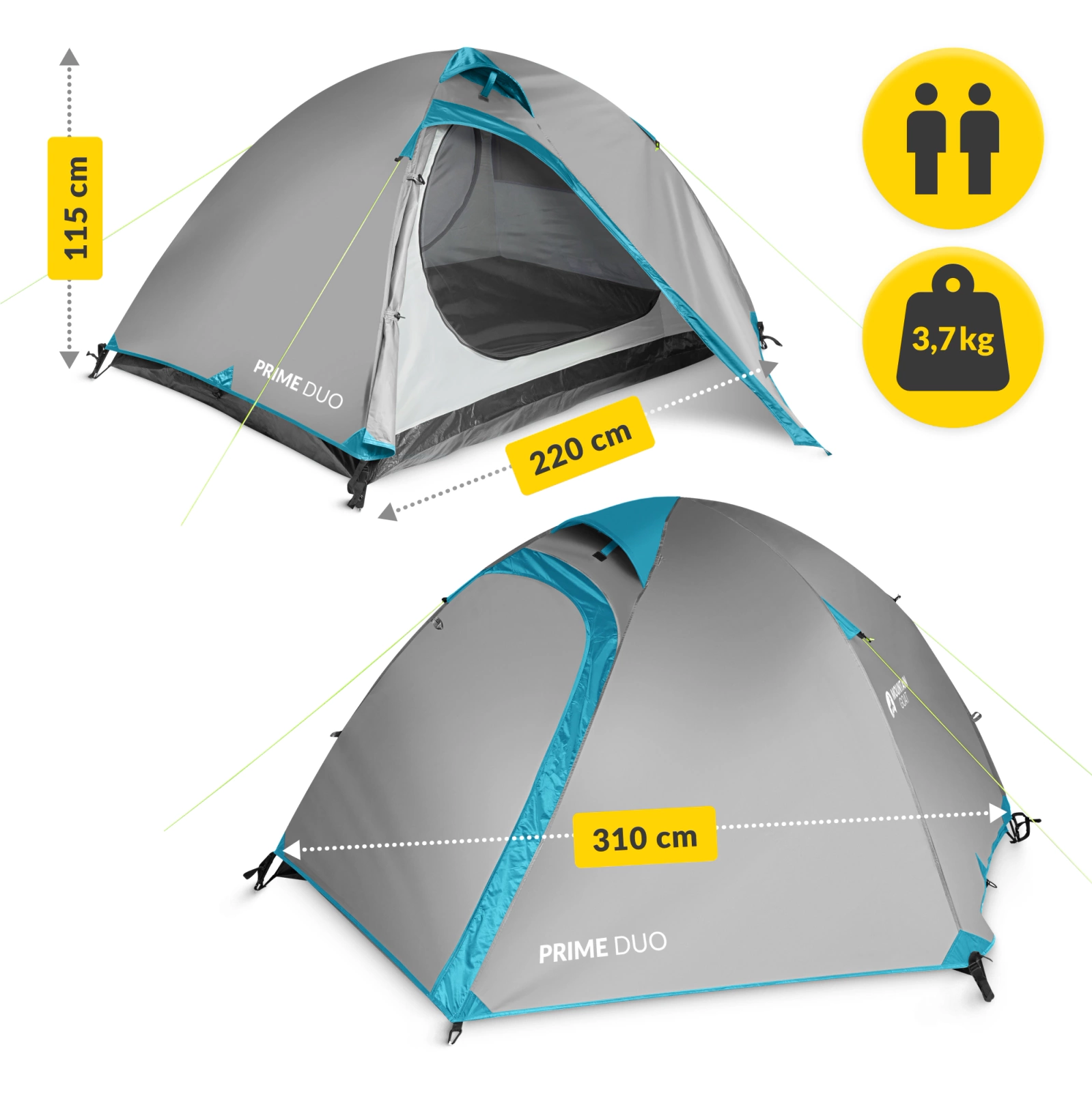 Mountain Goat Prime Duo 2-Person Camping Tent, Grey