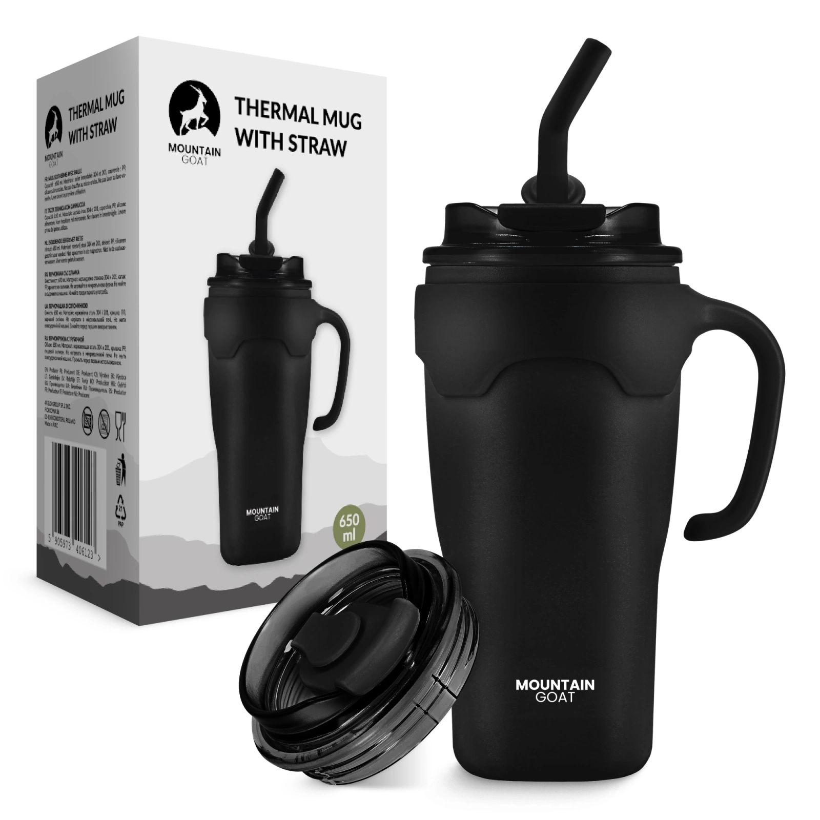 4Fizjo Mountain Goat termokrūze ar salmiņu, 650 ml, melna