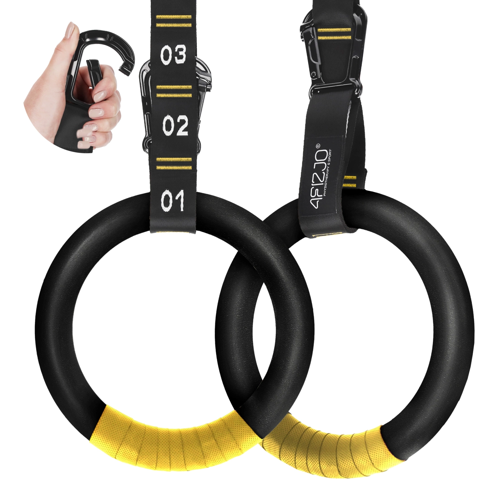 ABS vingrošanas riņķi ar regulējamām numurētām siksnām, melni-dzelteni