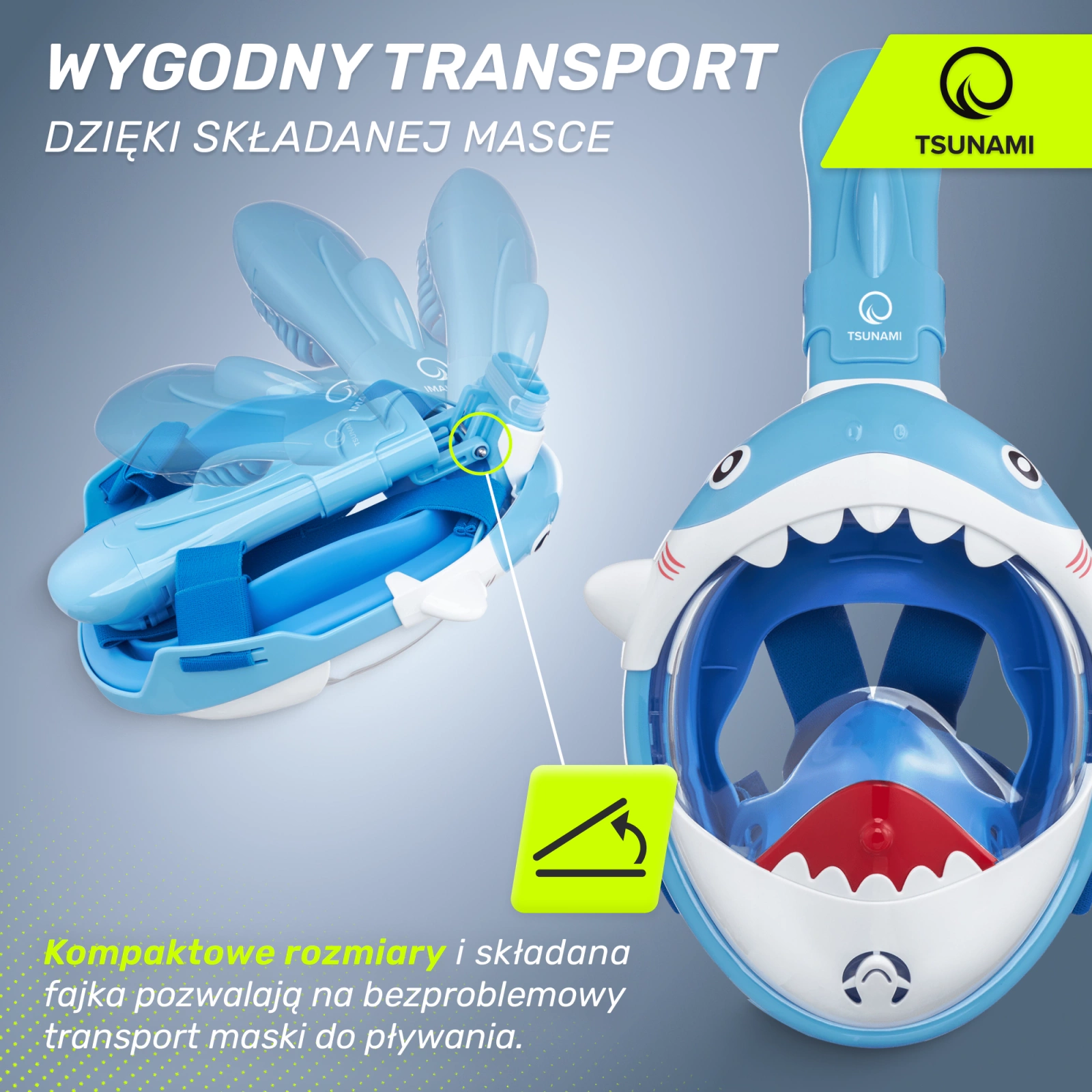 Детская полнолицевая маска для снорклинга 4Fizjo TSUNAMI Shark, синяя