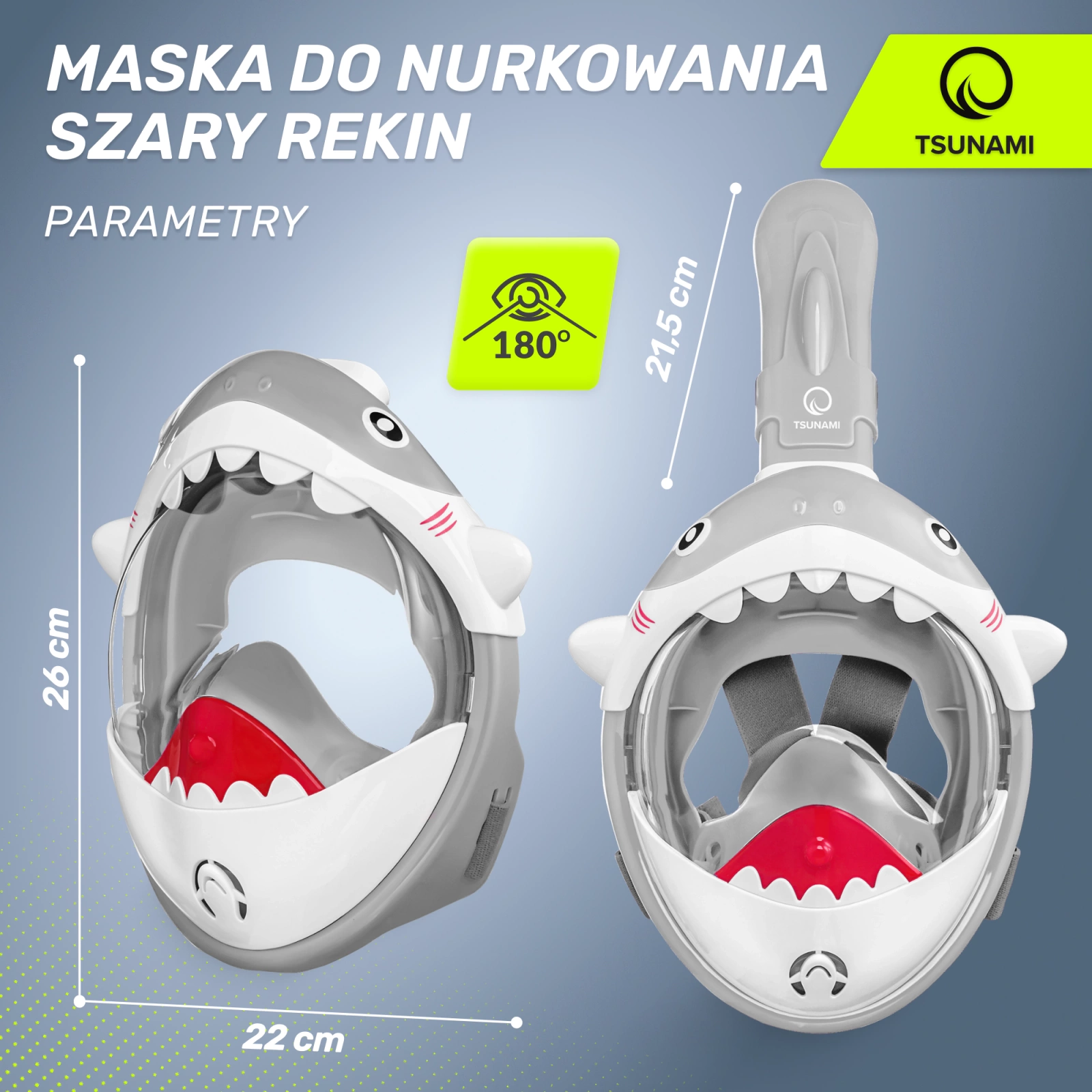 Детская полнолицевая маска для снорклинга 4Fizjo Tsunami Shark, серая