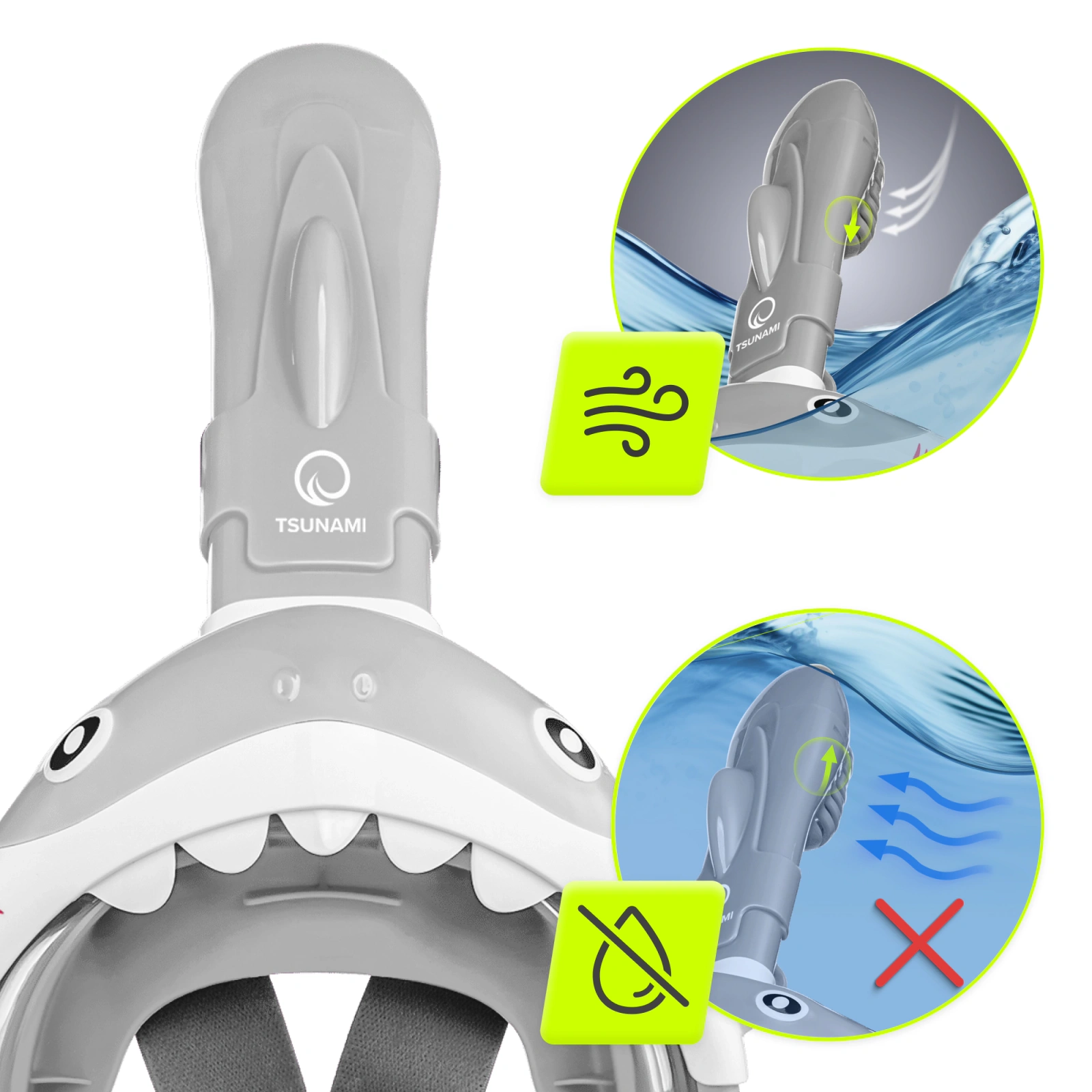 Детская полнолицевая маска для снорклинга 4Fizjo Tsunami Shark, серая