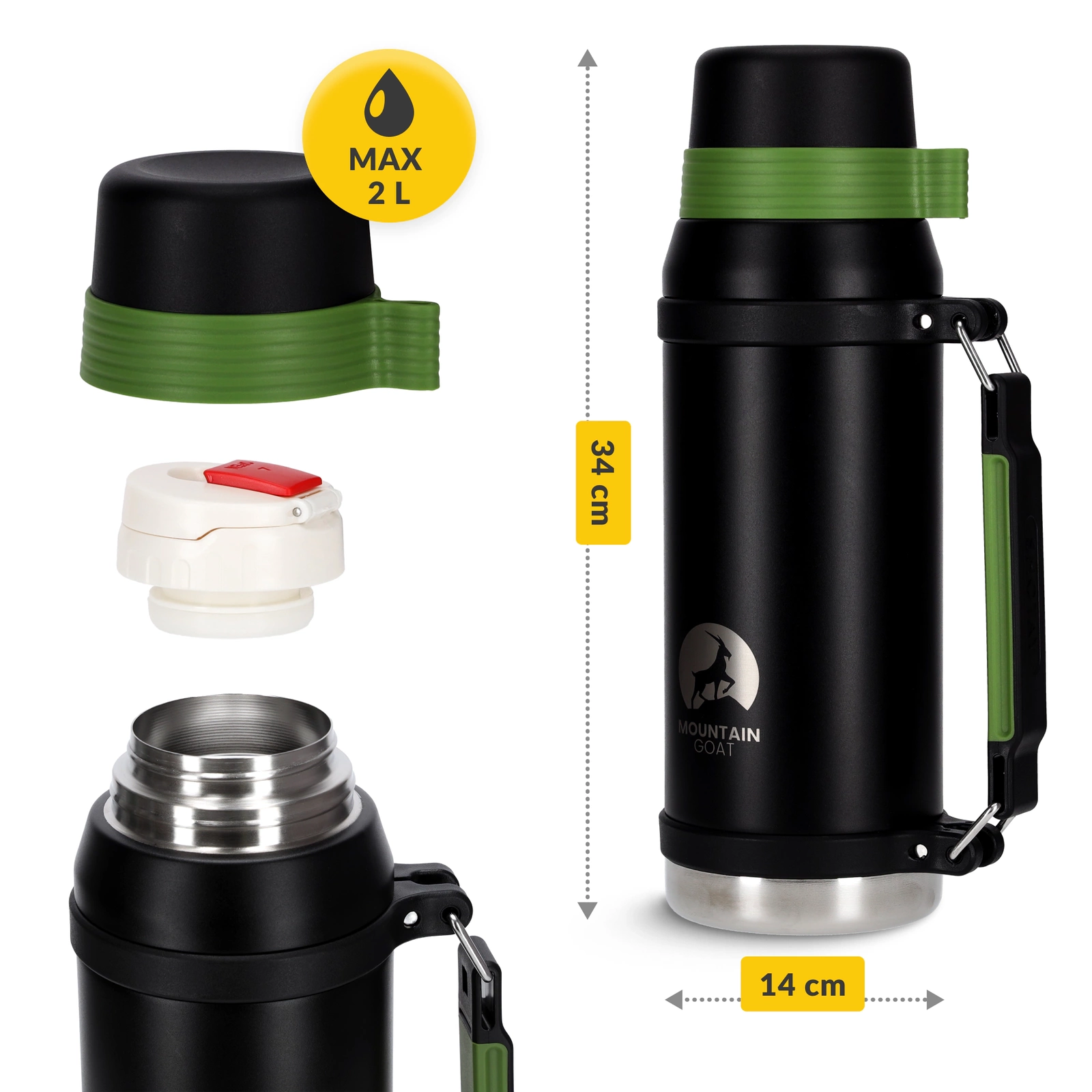 4Fizjo Mountain Goat tūrisma termoss, 2L, melns/zaļš