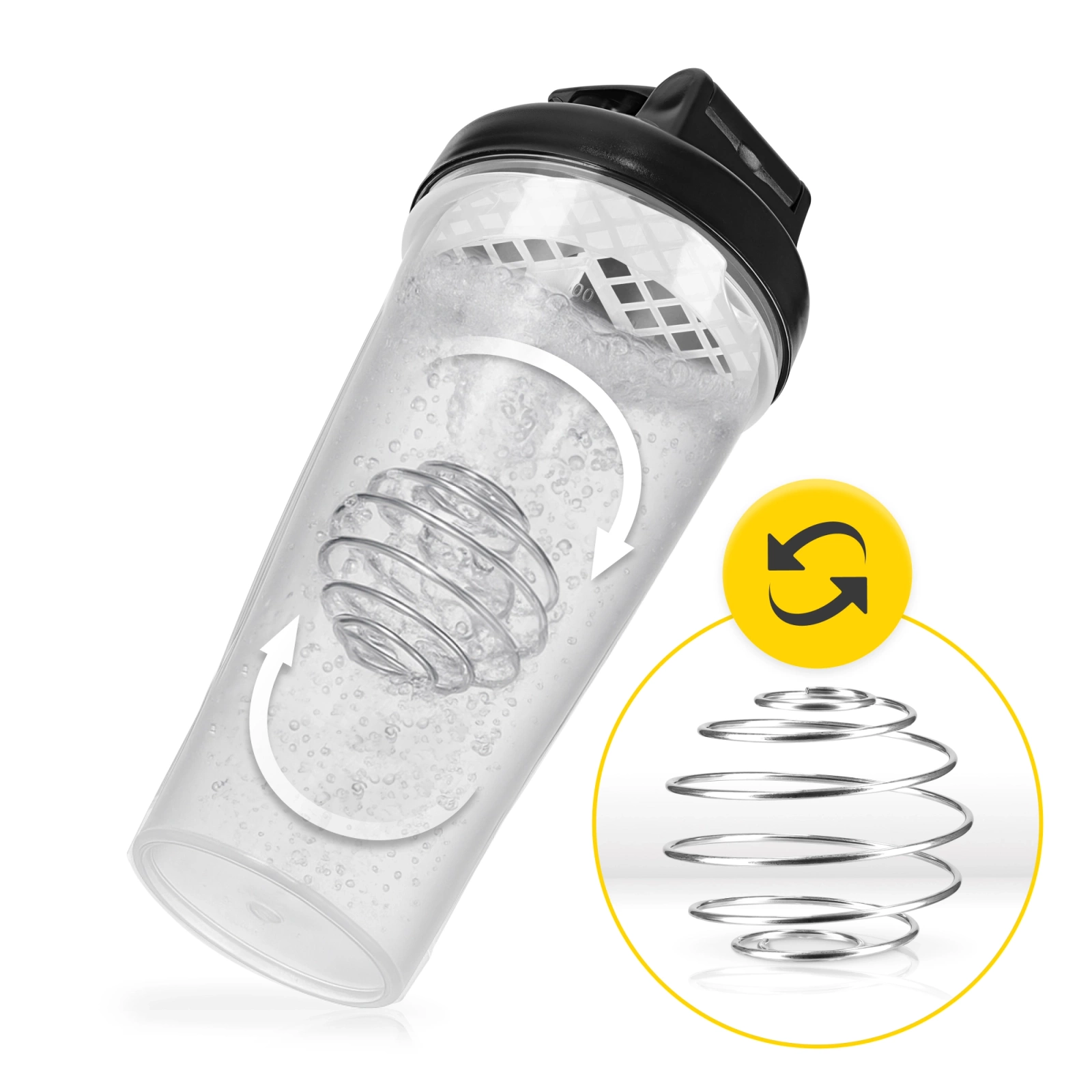 4Fizjo PRO Sports Shaker with Mesh and Ball, 650 ml, Transparent/Black