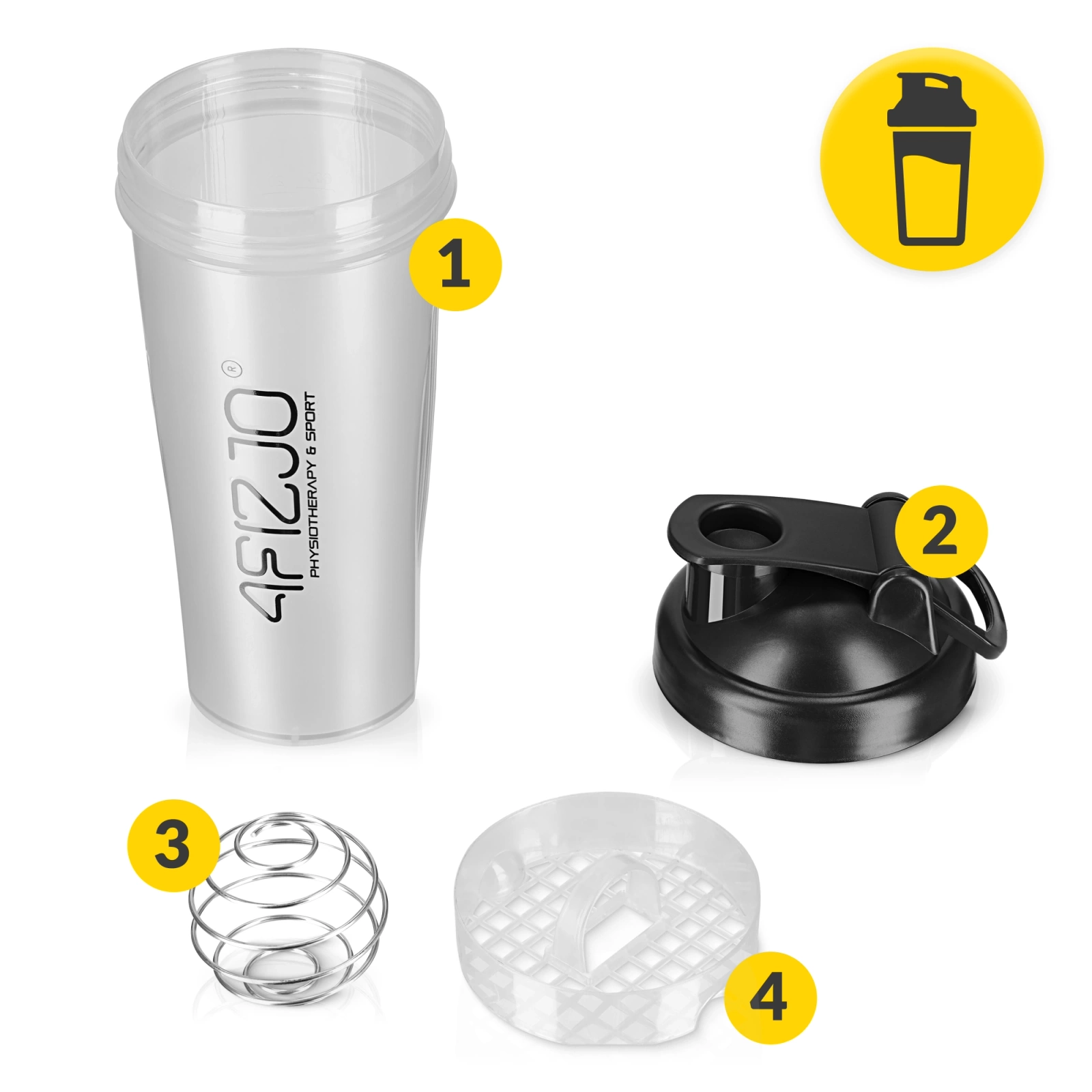 4Fizjo PRO Sports Shaker with Mesh and Ball, 650 ml, Transparent/Black