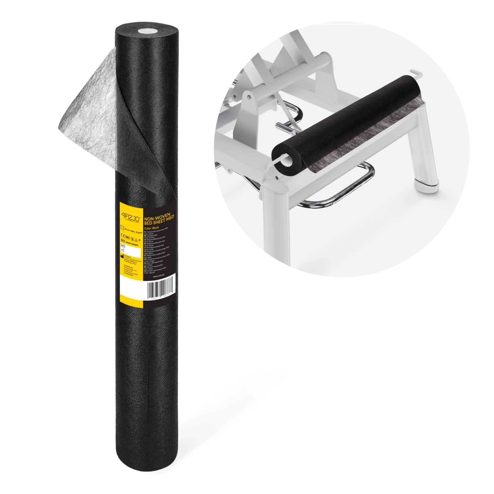 Vienreizlietojamais medicīniskais palags rullī 70 cm x 50 m, melns