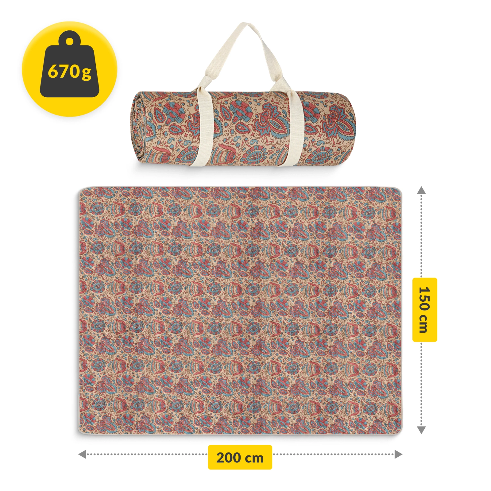 4Fizjo Quilted Picnic and Beach Blanket 200x150 cm, Oriental Pattern
