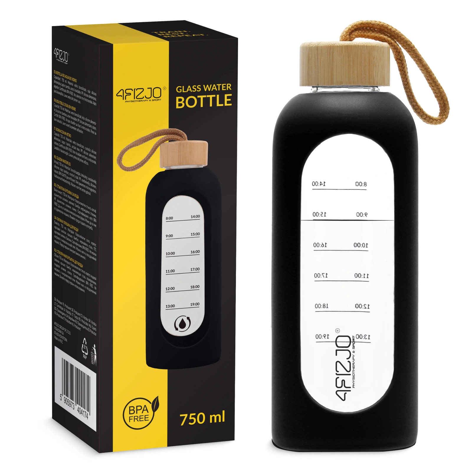 4Fizjo sporta stikla ūdens pudele, 750 ml, melna