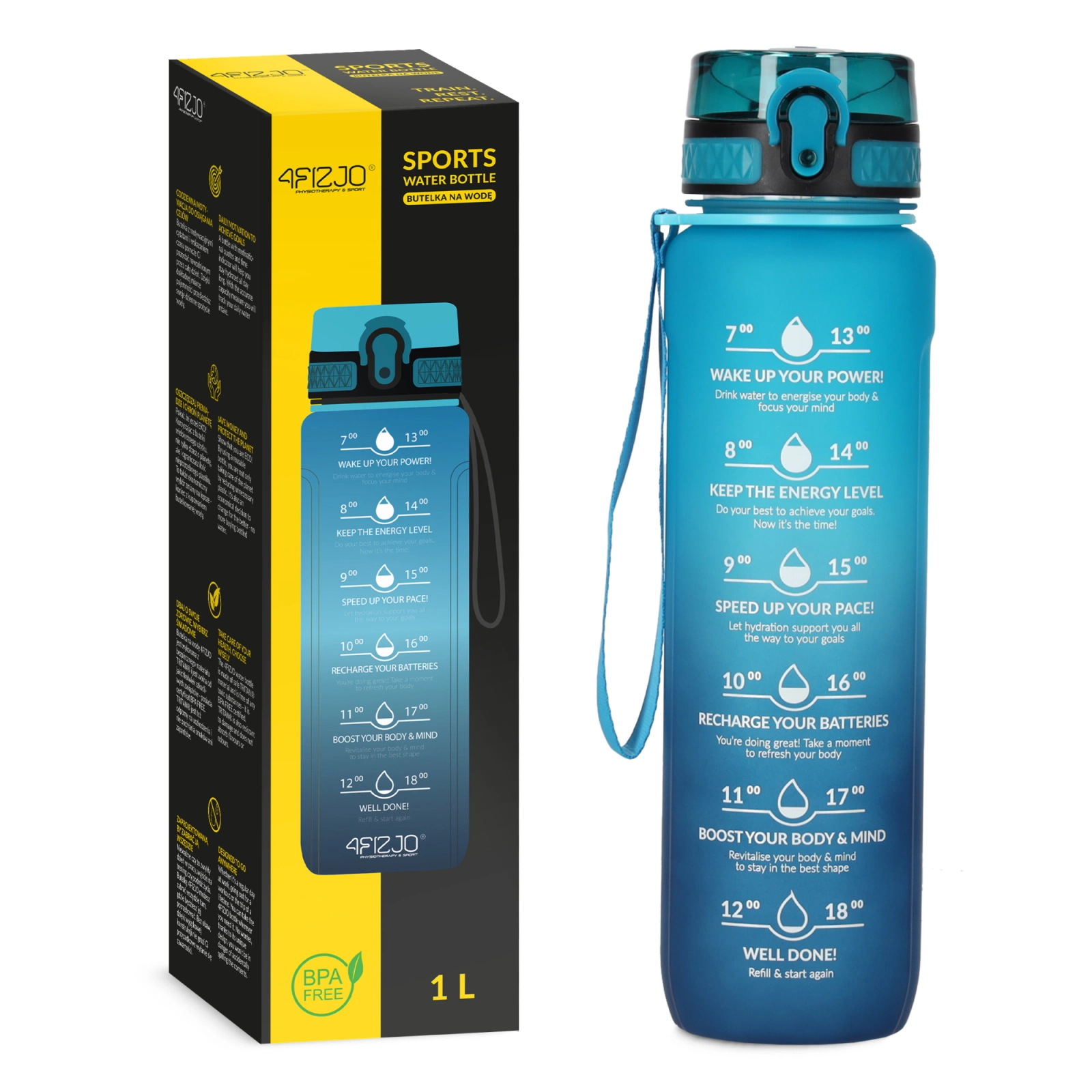 4Fizjo 1L Tritan Motivational Sports Water Bottle, Blue