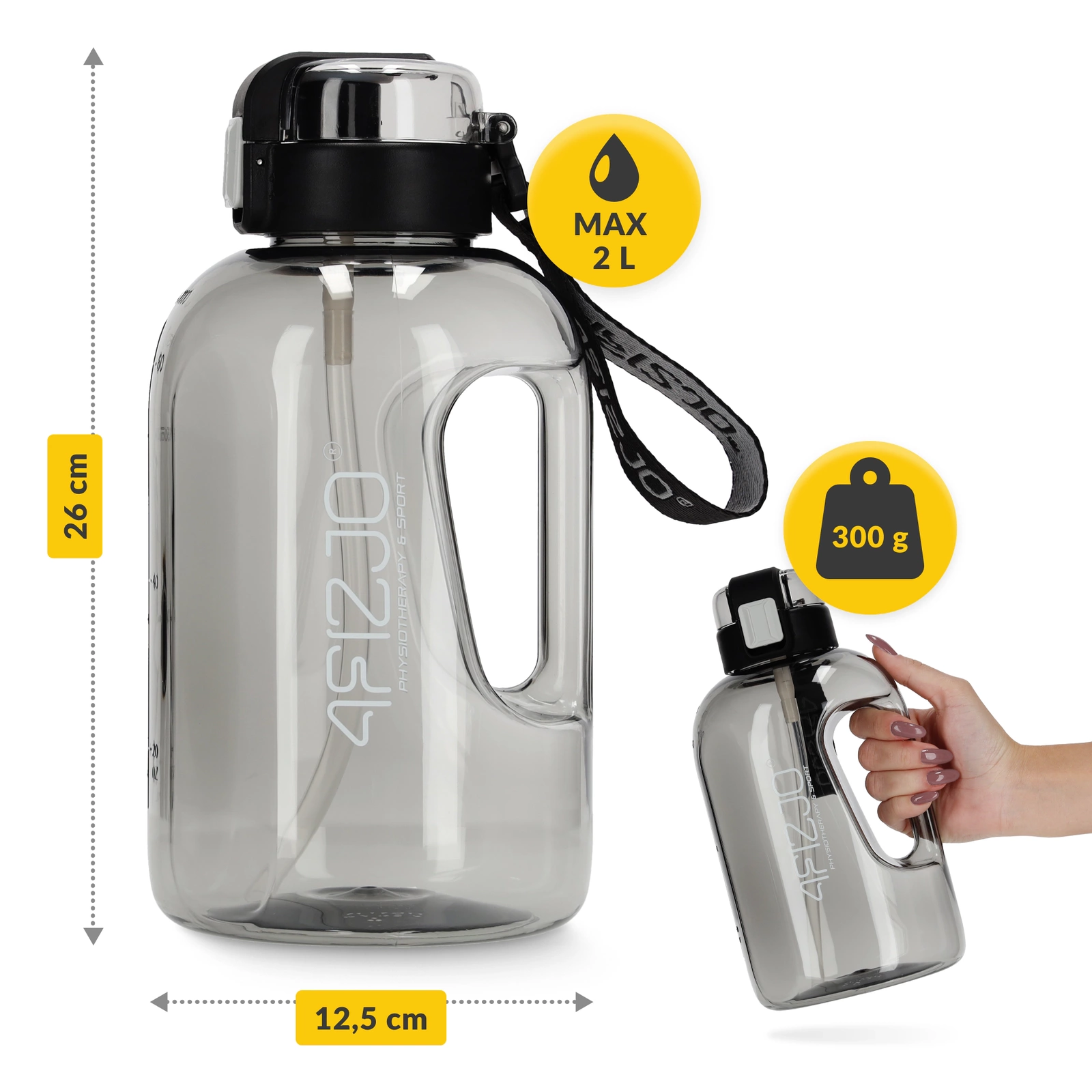 4Fizjo Sports Water Bottle, 2 L, Tritan, Grey