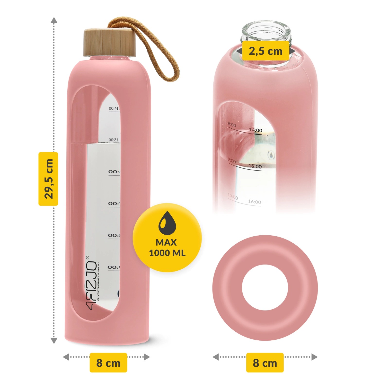 4Fizjo Glass Water Bottle with Silicone Sleeve, 1 L, Pink