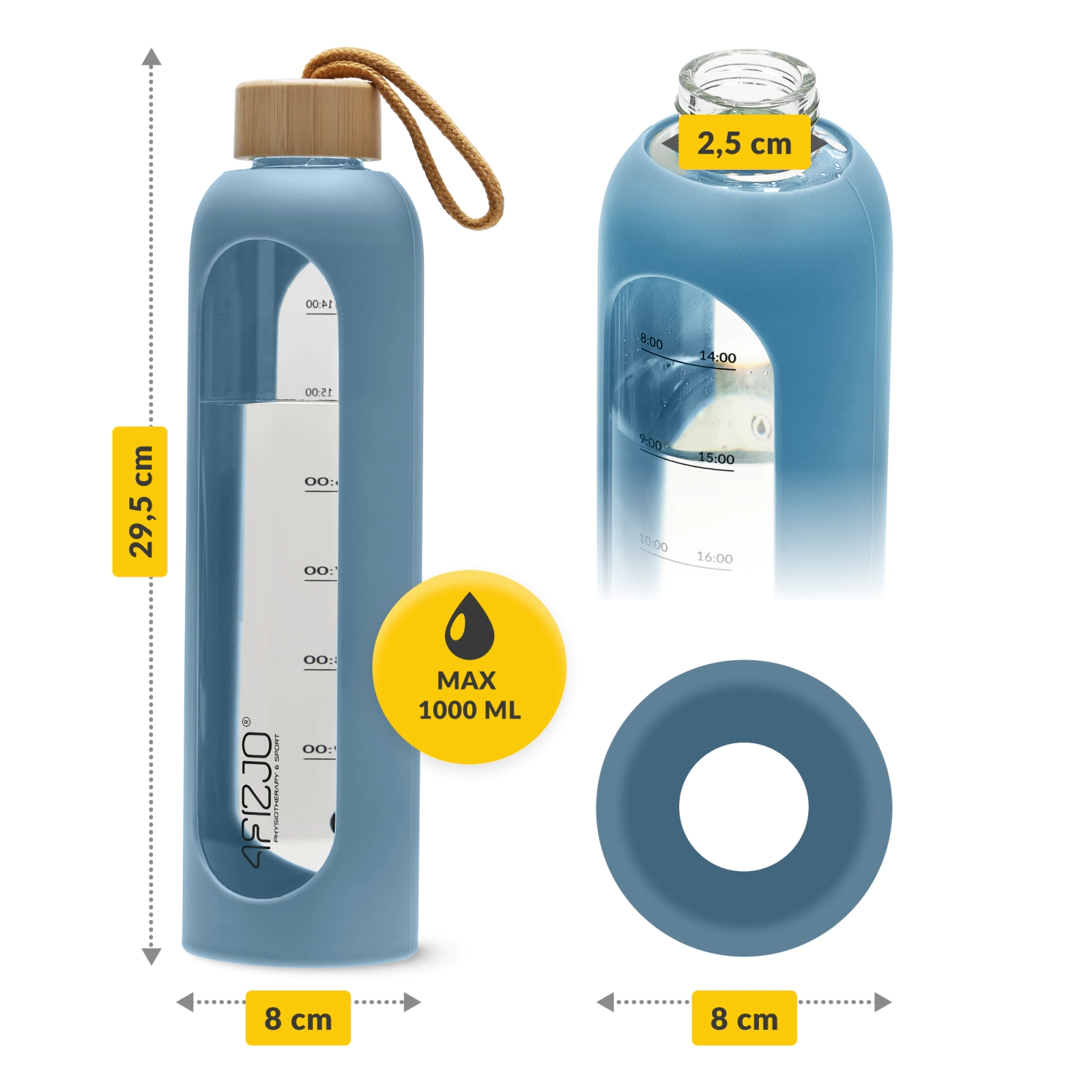 4Fizjo 1568 Glass Sports Water Bottle with Silicone Sleeve 1L, Blue