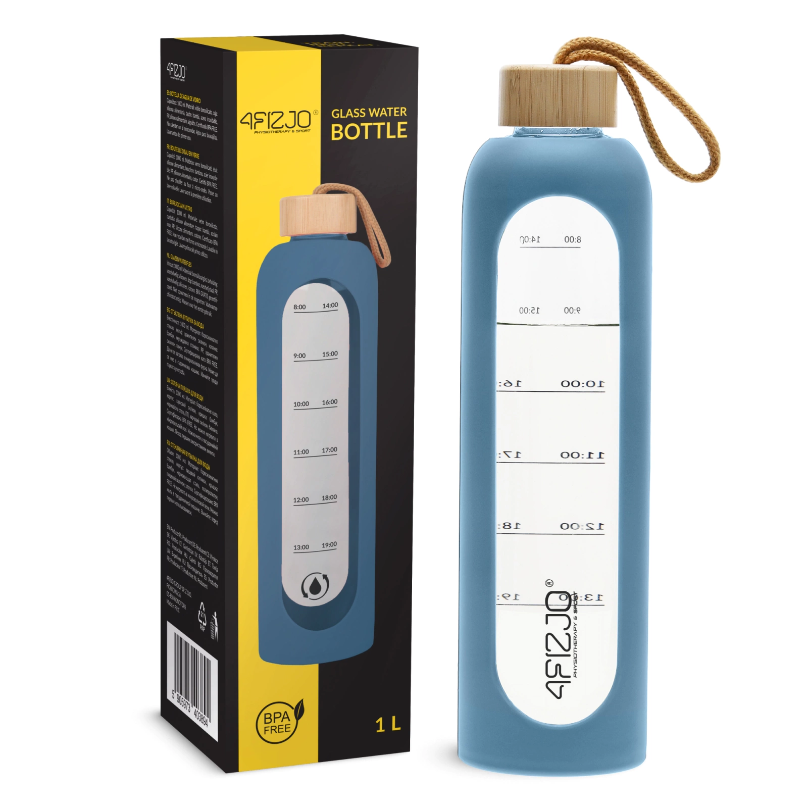 4Fizjo 1568 Glass Sports Water Bottle with Silicone Sleeve 1L, Blue