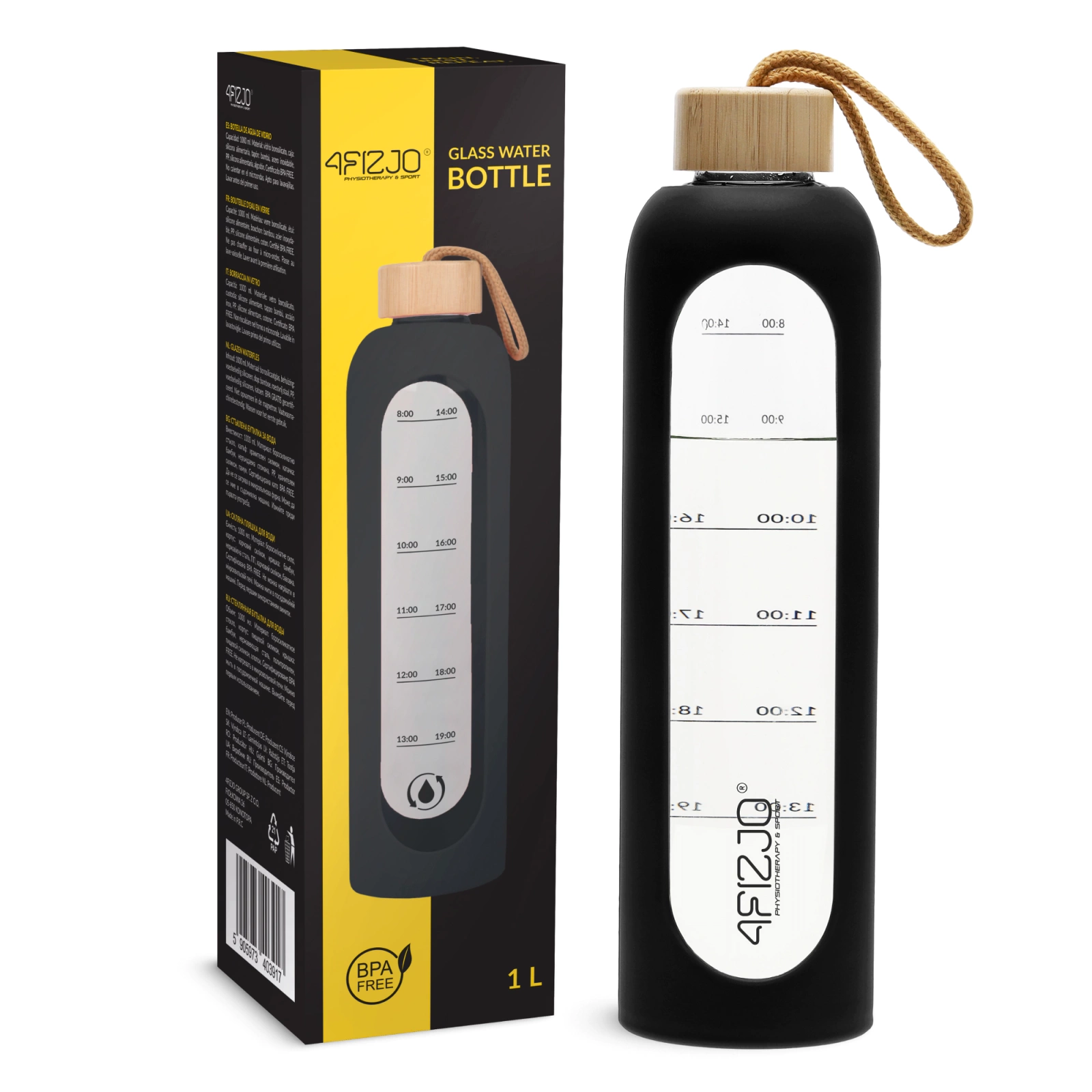 4Fizjo 1570 Sports Water Bottle, Glass, 1 L, Black