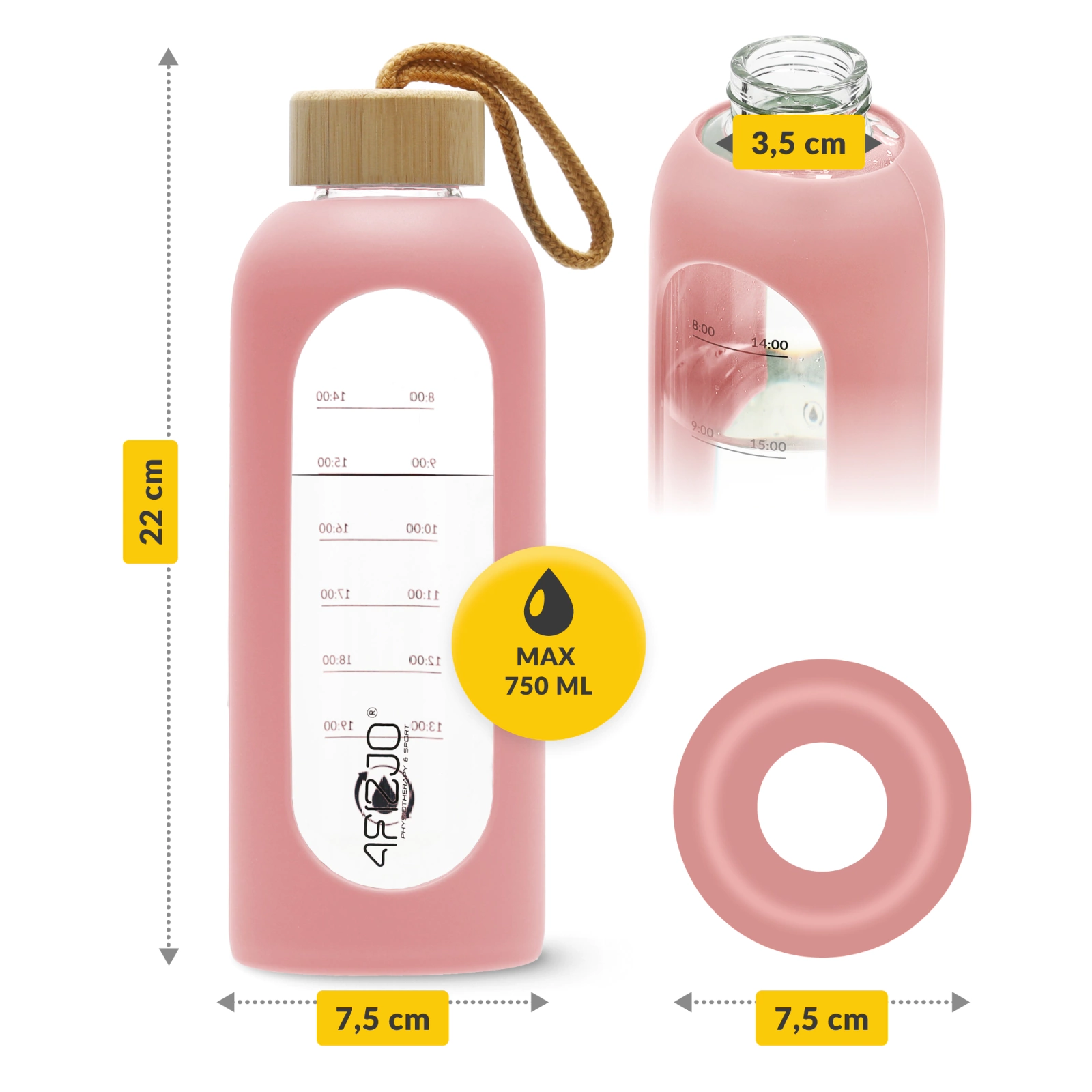 4Fizjo Glass Water Bottle 750 ml, Pink