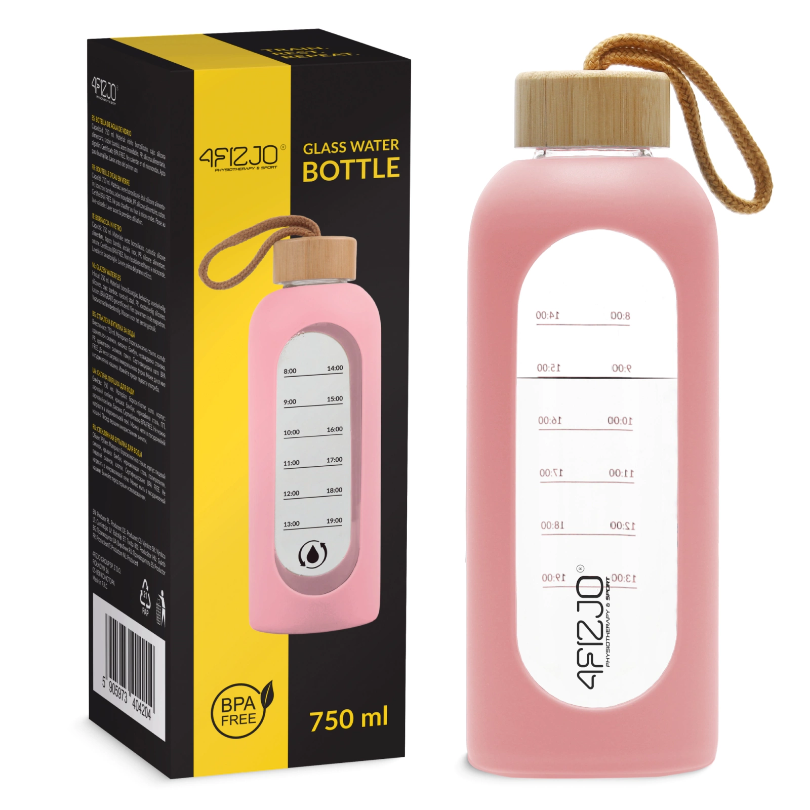 4Fizjo Glass Water Bottle 750 ml, Pink