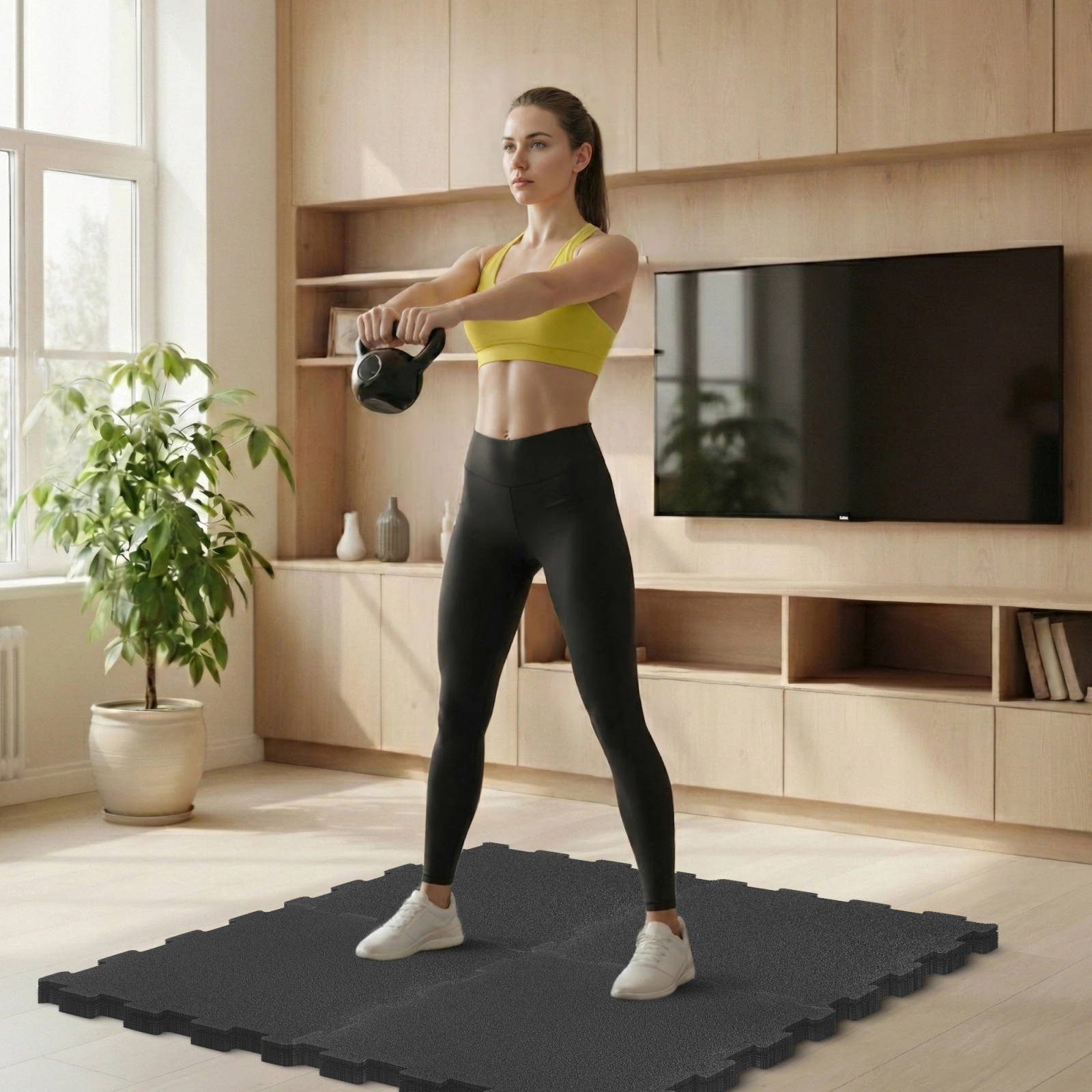 4FIZJO Interlocking Rubber Gym Mats for Floor Protection 4 Pack 48.5x48.5x2 cm, Black