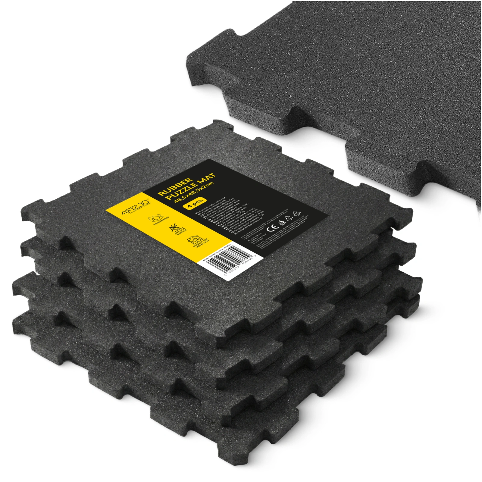 4FIZJO Interlocking Rubber Gym Mats for Floor Protection 4 Pack 48.5x48.5x2 cm, Black