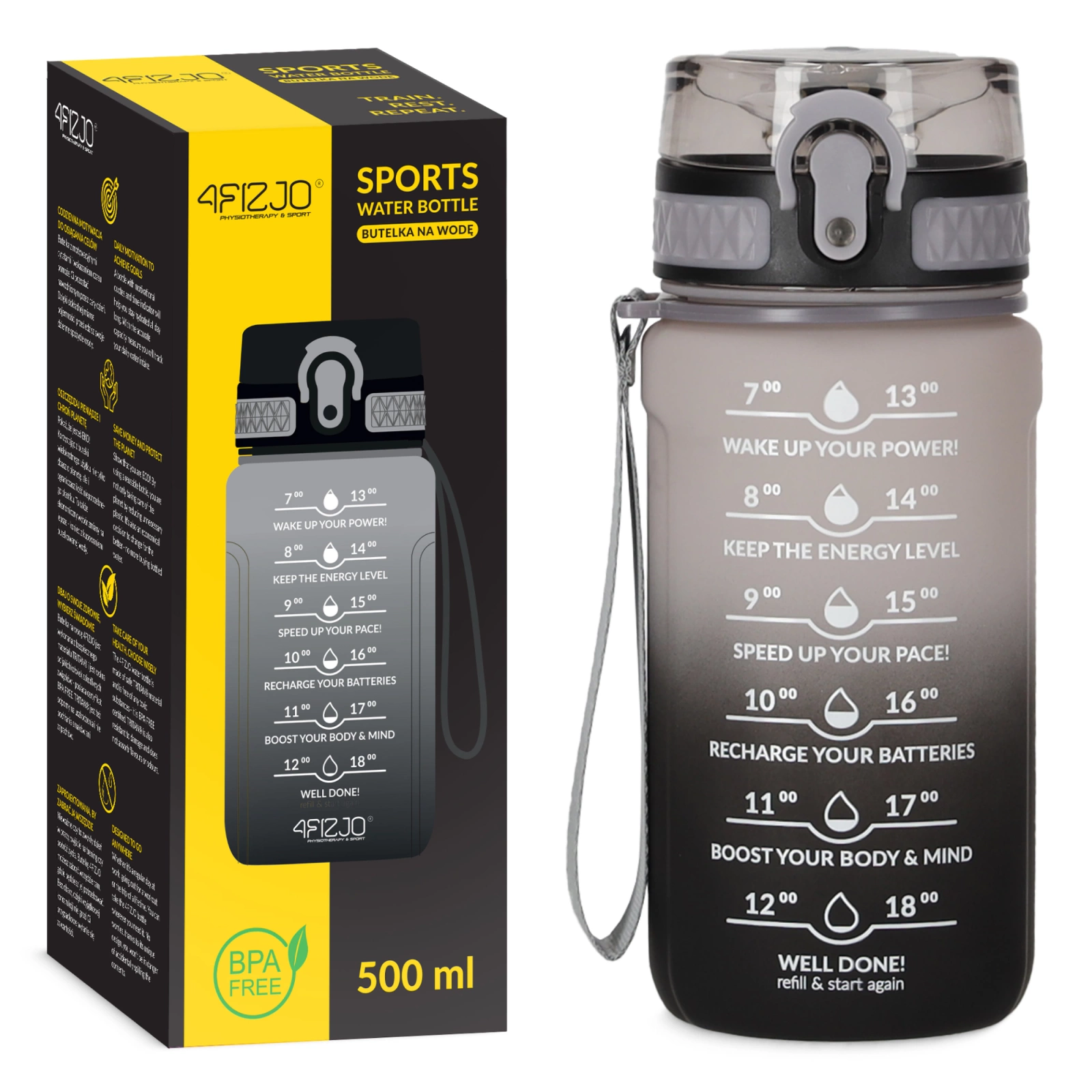 Мотивационная спортивная бутылка для воды 4FIZJO 0,5 л, серая