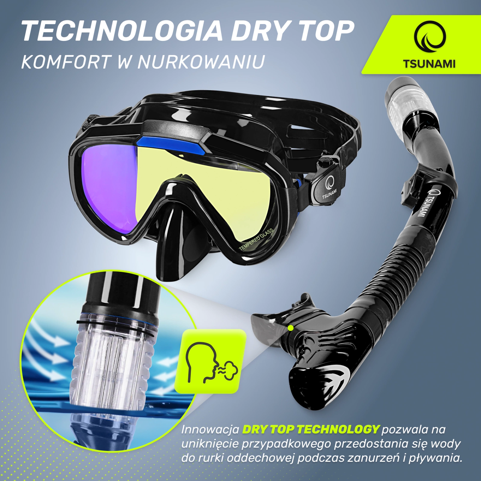 4Fizjo TSUNAMI Diving and Snorkeling Mask with Snorkel, Black