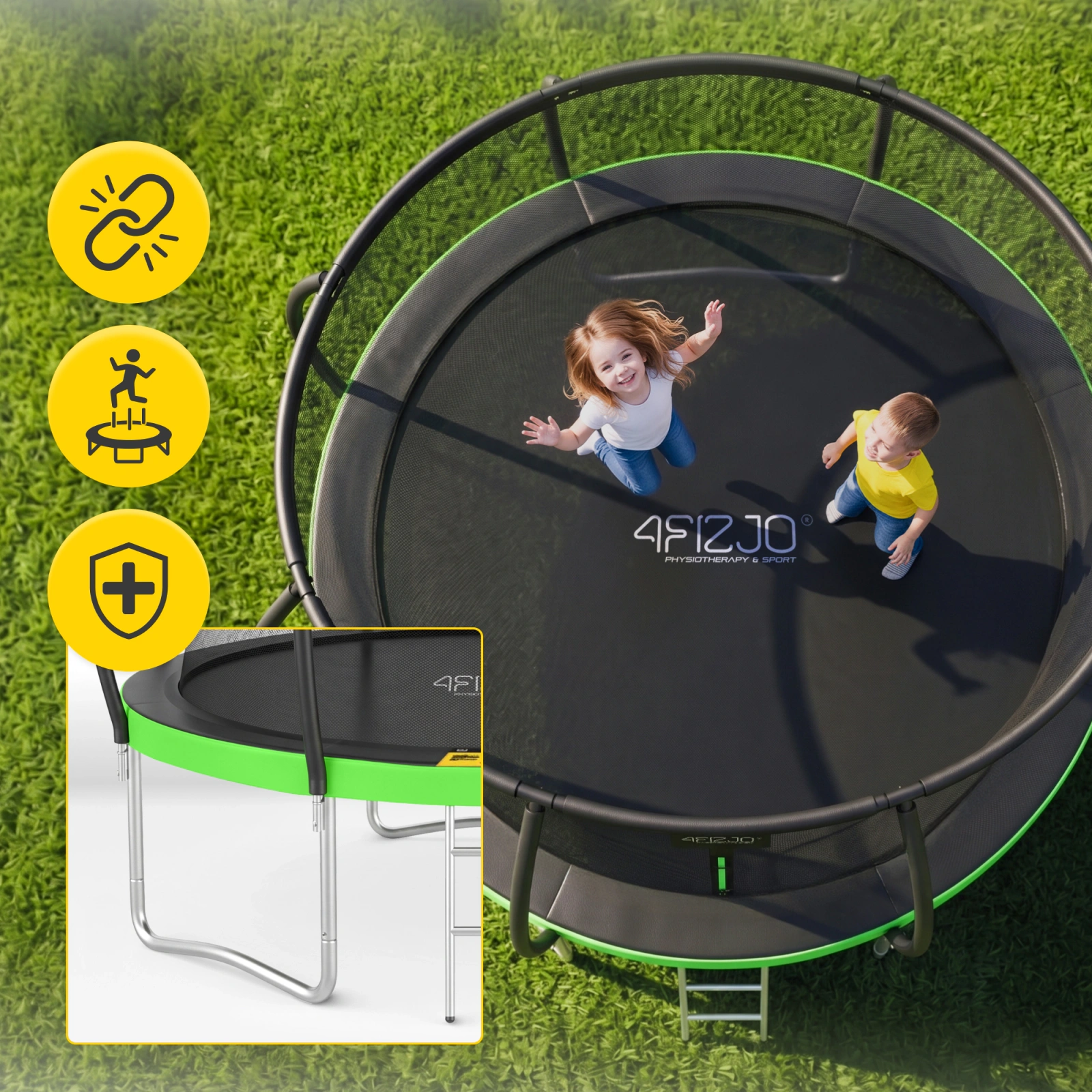 4Fizjo PRO bērnu dārza batuts ar aizsargtīklu, 312 cm (10FT), zaļš/melns