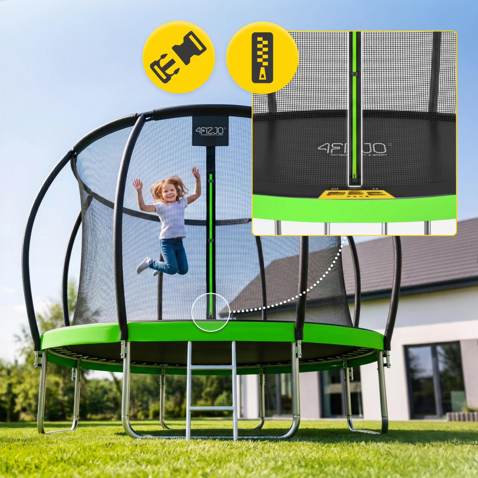 4Fizjo 1219 PRO bērnu dārza batuts ar aizsargtīklu, 374 cm (12FT), zaļš/melns