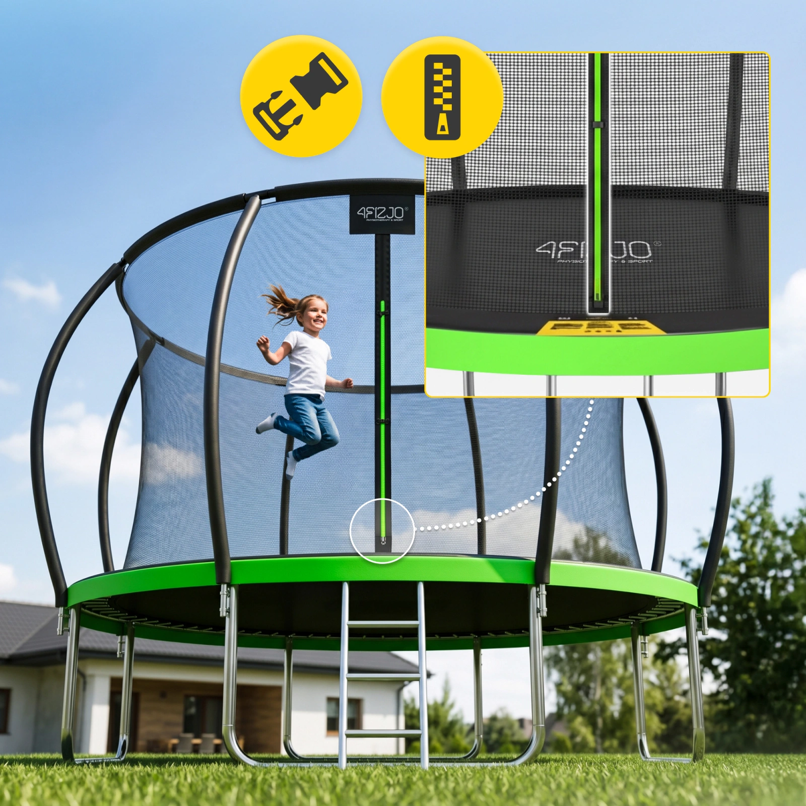 4Fizjo PRO bērnu dārza batuts ar aizsargtīklu, 435 cm (14FT), zaļš/melns