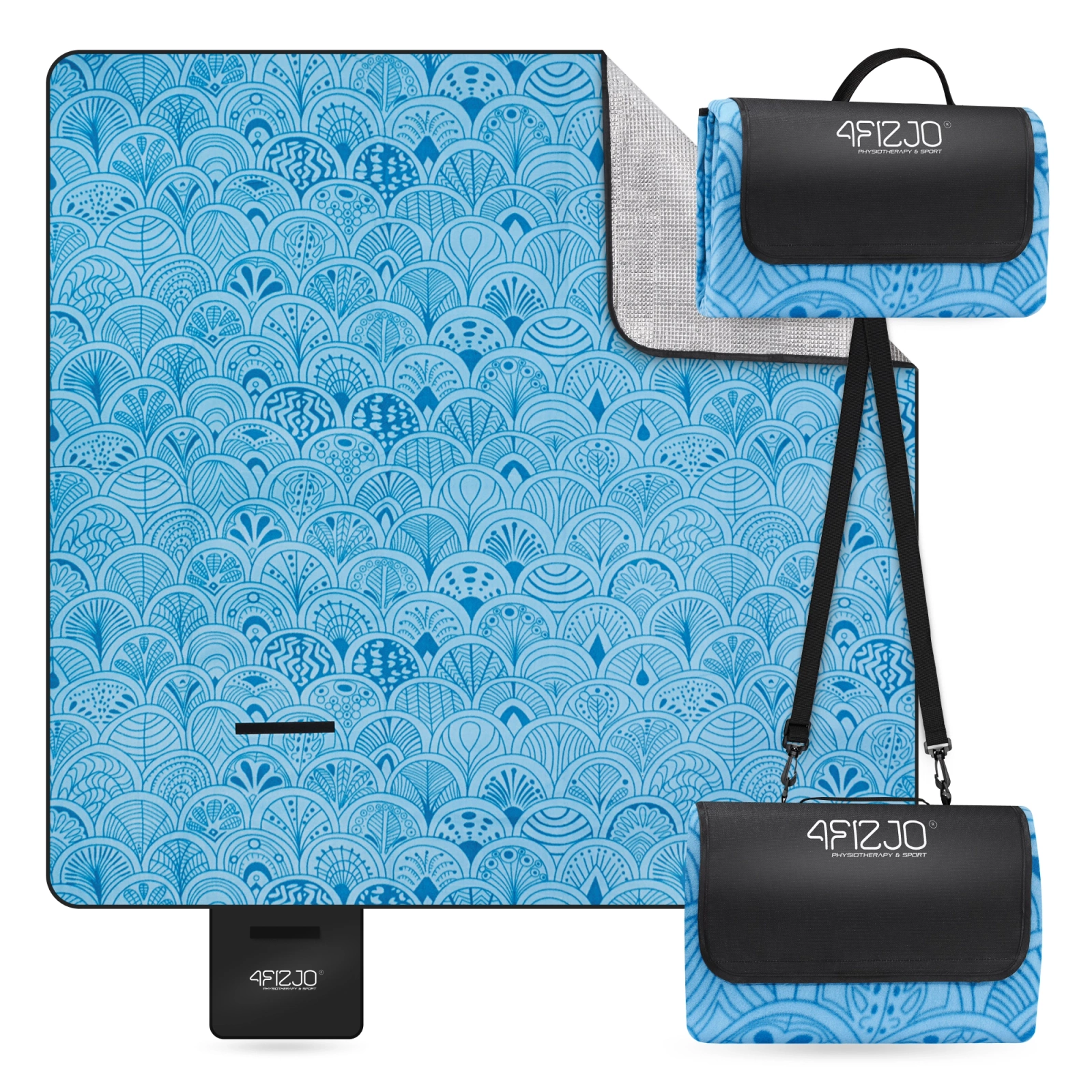 Waterproof Insulated Picnic and Beach Blanket 4FIZJO 200x200 cm Shells, Blue