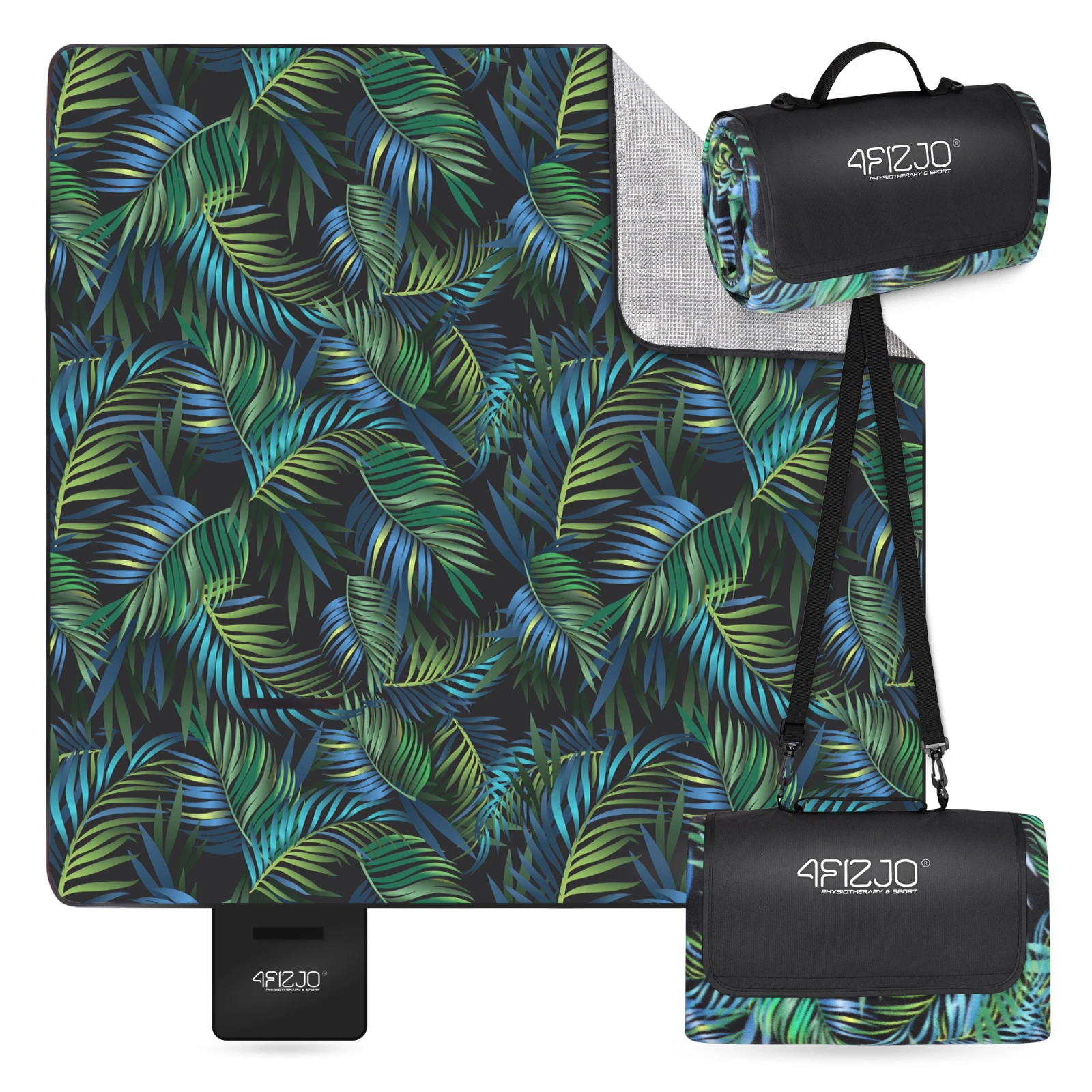 Insulated Waterproof Picnic Blanket 200x200 cm 4FIZJO, green palm leaves