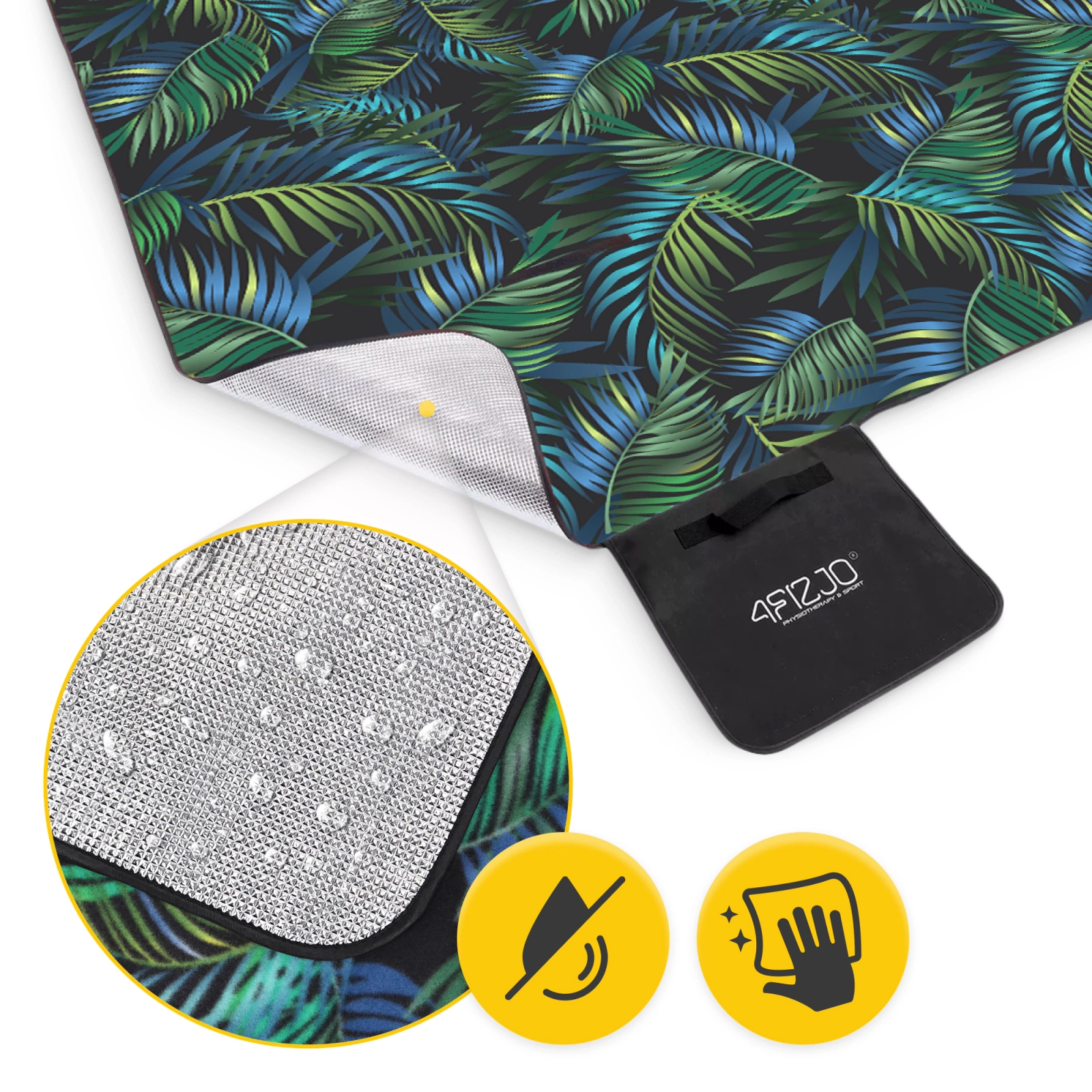 Insulated Waterproof Picnic Blanket 200x200 cm 4FIZJO, green palm leaves