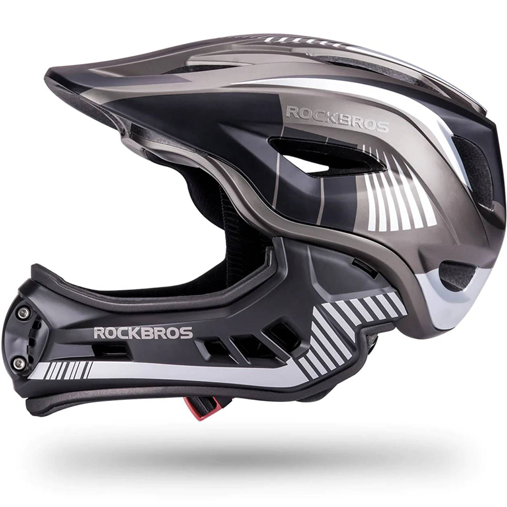 Rockbros TT-32SBTG-S bērnu velo ķivere ar noņemamu zoda sargu, S izmērs, pelēka