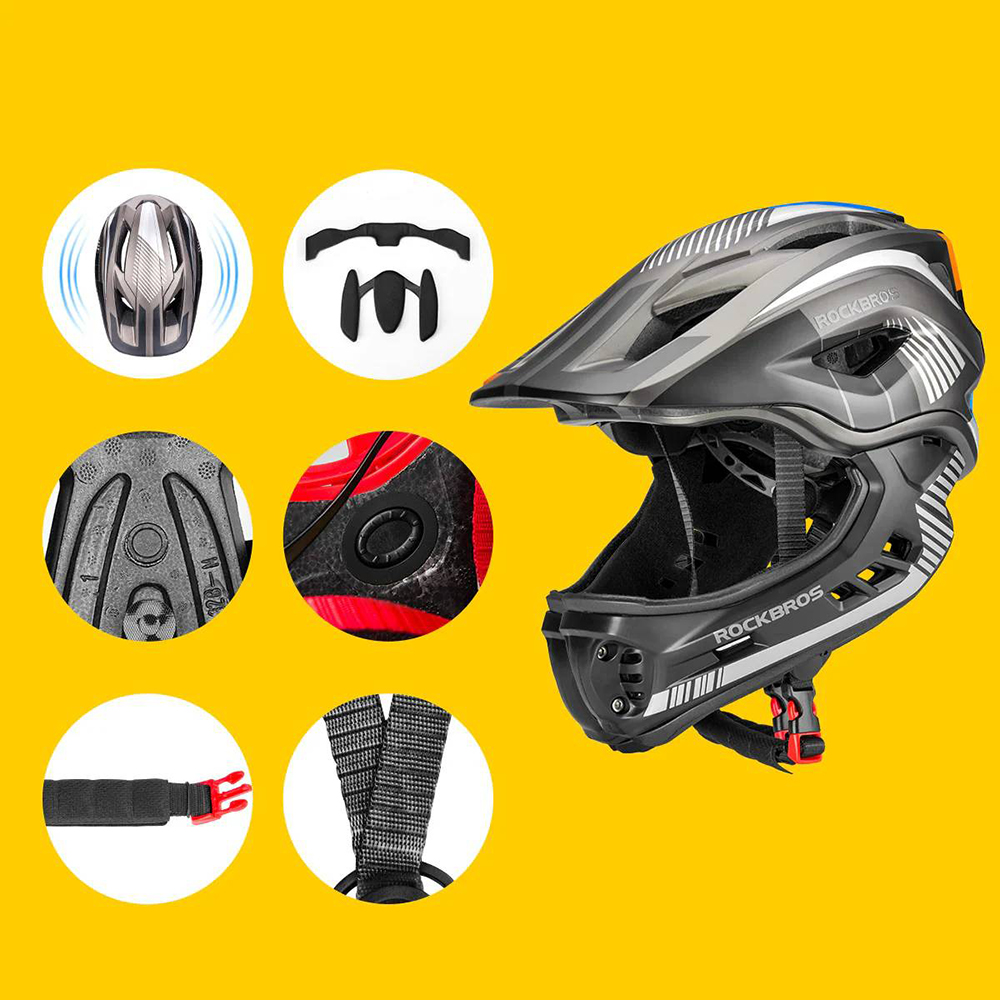 Rockbros TT-32SBTG-S bērnu velo ķivere ar noņemamu zoda sargu, S izmērs, pelēka