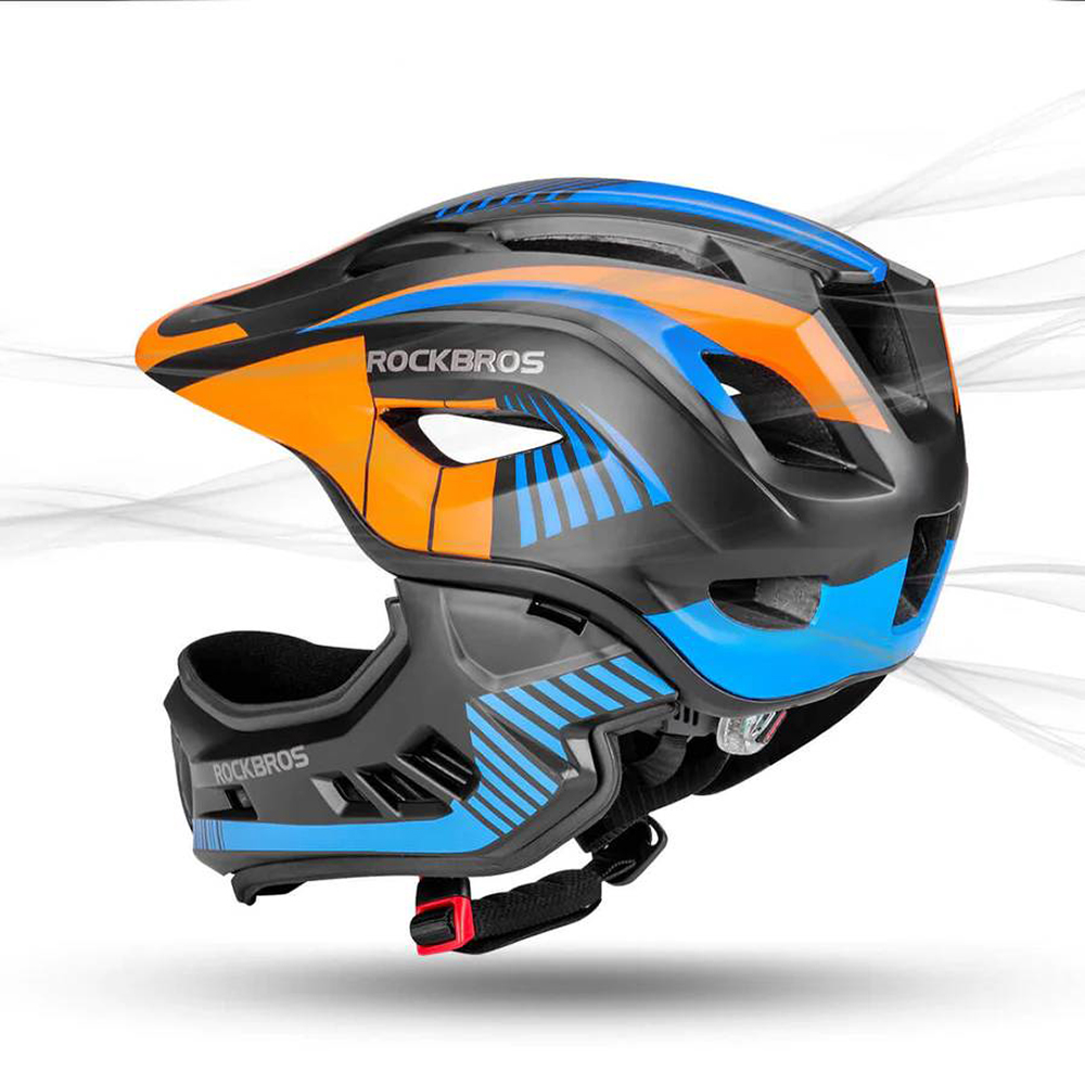 Rockbros TT-32SOBL-M Children\'s Bike Helmet with Removable Chinbar, Size M, Black/Orange