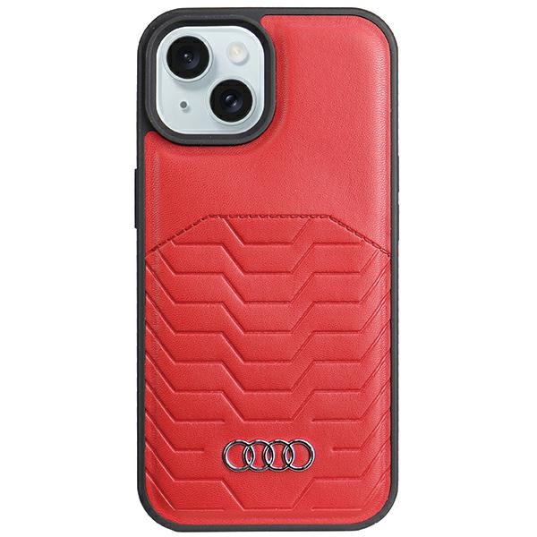 Audi iPhone 15 Plus / 14 Plus vāciņš Synthetic Leather MagSafe, sarkans
