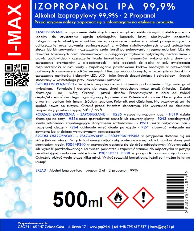 Изопропиловый спирт Изопропанол IPA I-MAX 99,9% Спрей 500ML