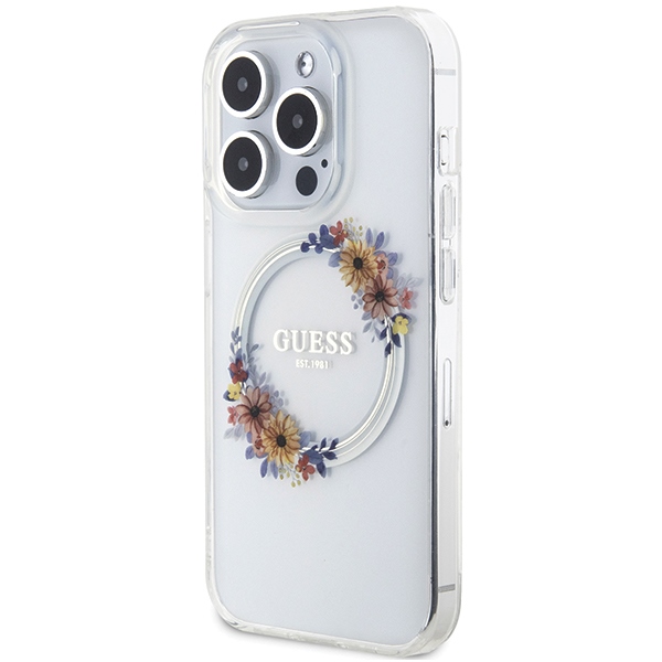 Guess iPhone 15 Pro Case IML Flowers Wreath MagSafe, Transparent