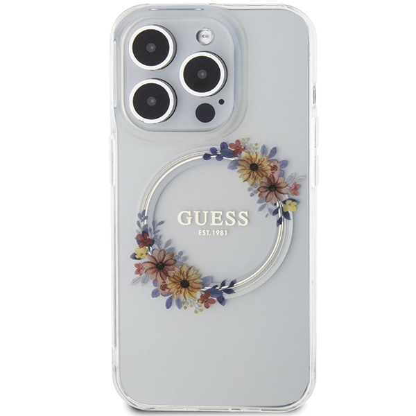 Guess iPhone 15 Pro Case IML Flowers Wreath MagSafe, Transparent
