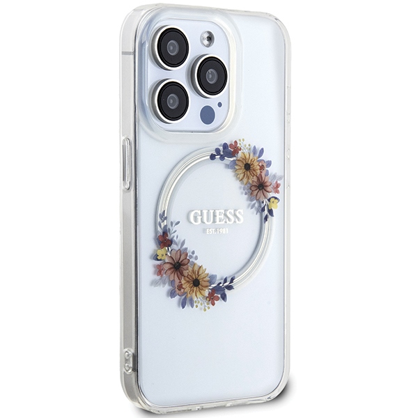 Guess iPhone 15 Pro Case IML Flowers Wreath MagSafe, Transparent