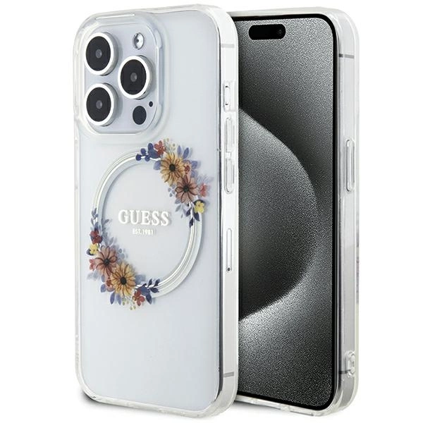 Guess iPhone 15 Pro Max Case IML Flowers Wreath MagSafe, Clear