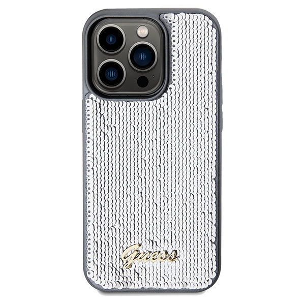 Guess iPhone 14 Pro Max vāciņš Sequin Script Metal, sudraba