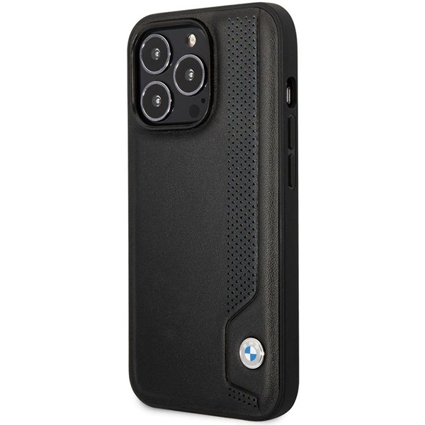 BMW iPhone 14 Pro Max vāciņš Leather Blue Dots, melns