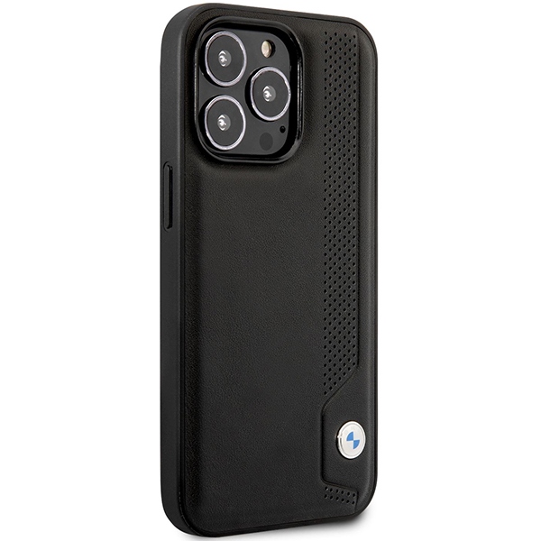 BMW iPhone 14 Pro Max vāciņš Leather Blue Dots, melns