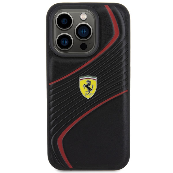 Ferrari iPhone 15 Pro vāciņš Twist Metal Logo, melns