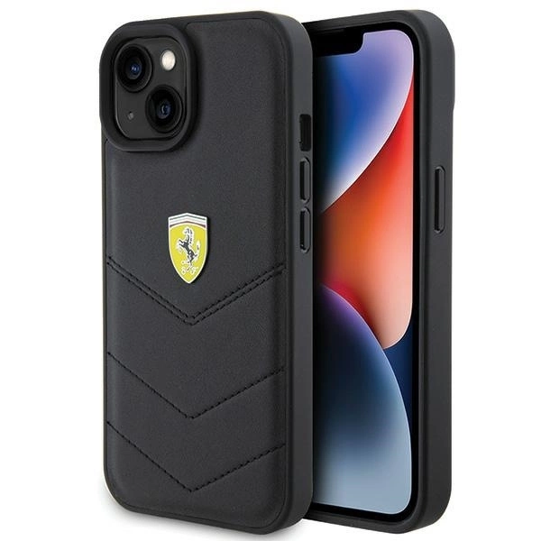 Стеганый металлический чехол с логотипом Ferrari для iPhone 15 - черный