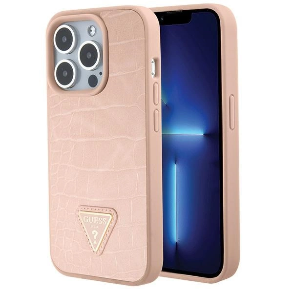 Guess Croco trīsstūra metāla logotipa vāciņš iPhone 15 Pro - rozā krāsā | Triangle Metal Logo case for pink
