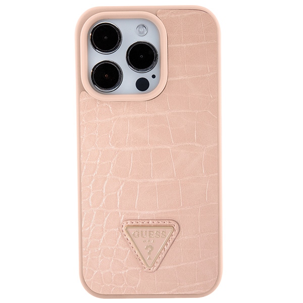Guess iPhone 15 Pro Case Croco Triangle Metal Logo, Pink