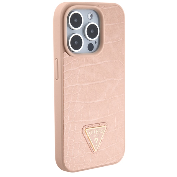 Guess iPhone 15 Pro Case Croco Triangle Metal Logo, Pink