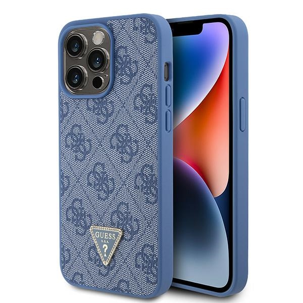 Guess Leather 4G Triangle Strass vāciņš iPhone 15 Pro Max, zils